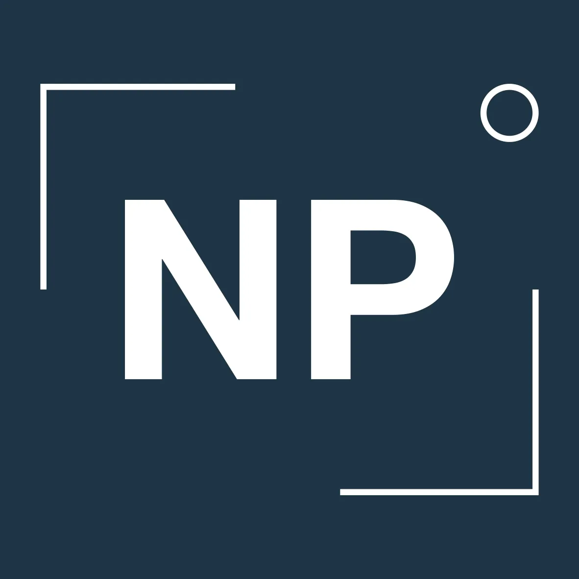 Capital letters N & P with a square at right bottom and left top with a dot at right top, text white on blue duck background