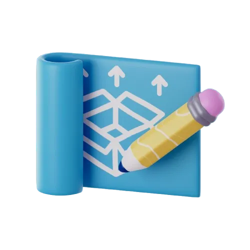 blue blueprint with a 3d cube on it and a 3d pencil